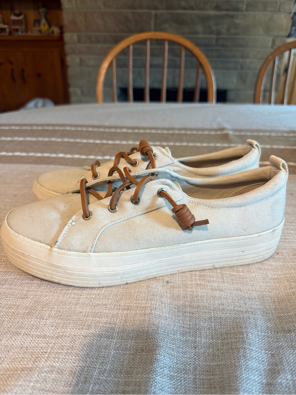 Sperry Cream Canvas Platform Sneakers with Brown Laces